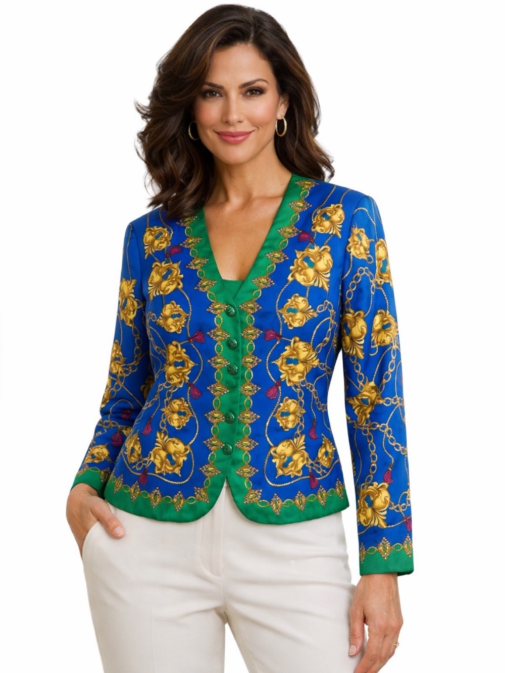 Vtg Adrianna Papell Silk Blazer 8 (38” Chest) Blue Green Baroque Silk Jacket
L